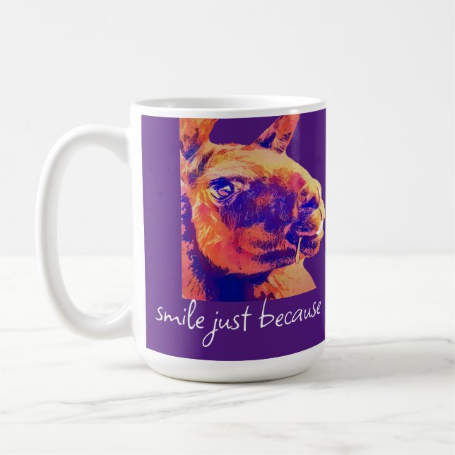 grinning llama smile just because quote  coffee mug (Left)