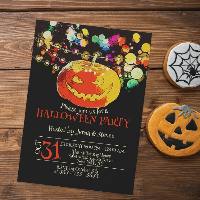 Grinning Pumpkin Colourful String Lights Halloween Invitation (Creator Uploaded)