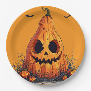 Grinning Pumpkin With a Ghoulish Expression Paper Plate