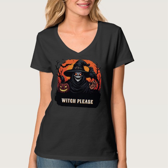 Grinning Skull Witch Halloween Horror Night 🕸️ T-Shirt (Front)