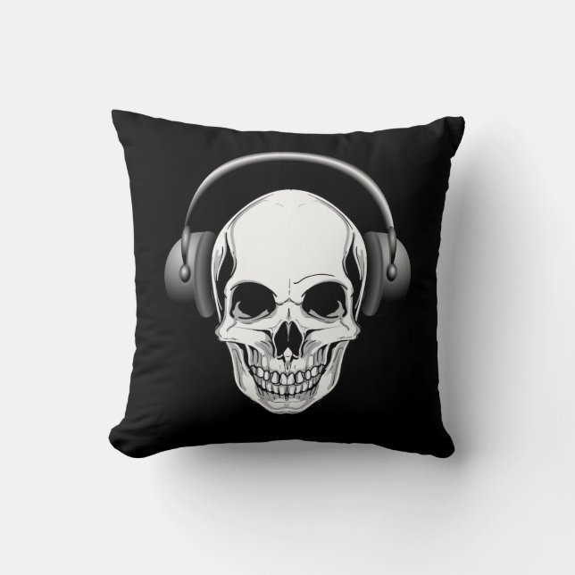 Grinning Skull With Headphones Cushion (Front)
