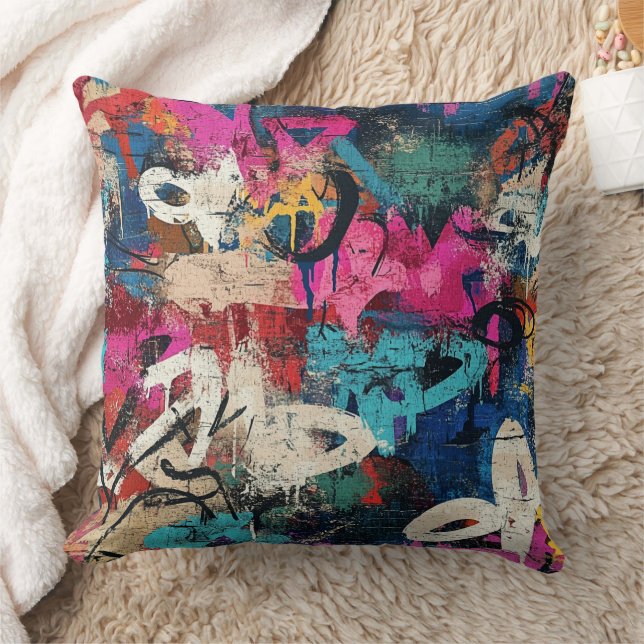Gritty City Wall Graffiti Pink Blue Black Cushion (Blanket)