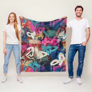 Gritty City Wall Graffiti Pink Blue Black Fleece Blanket