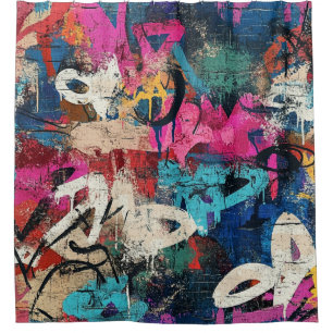 Gritty City Wall Graffiti Pink Blue Black Shower Curtain