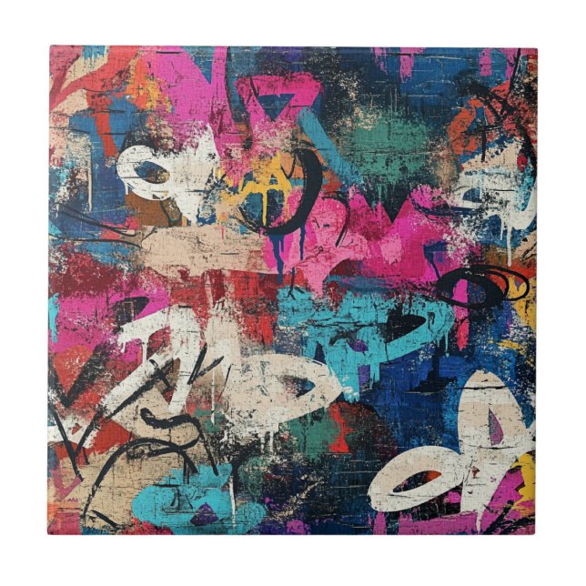 Gritty City Wall Graffiti Pink Blue Black Tile (Front)