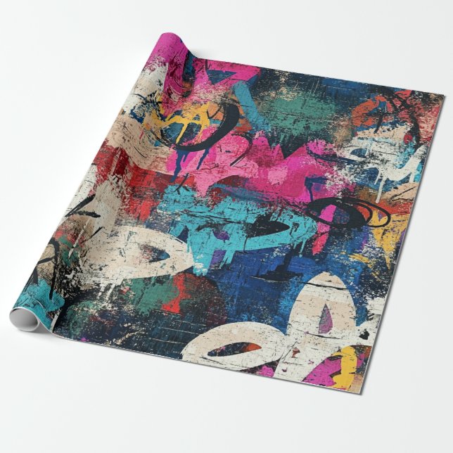 Gritty City Wall Graffiti Pink Blue Black Wrapping Paper (Unrolled)