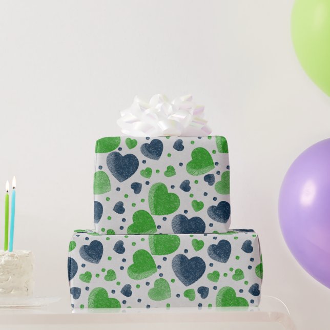 Gritty Love hearts green and blue Wrapping Paper (Party Gifts)