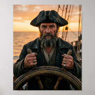 Grizzled Pirate Captain at Ship Wheel Sunset Fine Poster