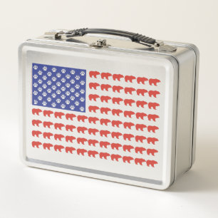 Grizzly Bear and a USA Flag Metal Lunch Box