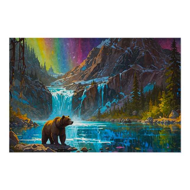 Grizzly Bear and Northern Lights Art Poster (Front)