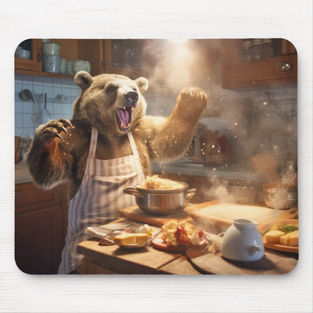 Grizzly Bear Animal Fun Cooking Kitchen Happy  Mouse Pad (Front)