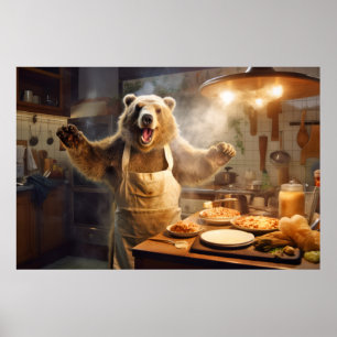 Grizzly Bear Animal Fun Cooking Kitchen Happy Poster