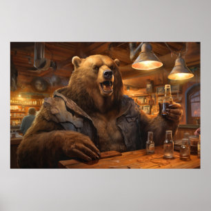 Grizzly Bear Animal Fun Drinking Happy Relax Time Poster