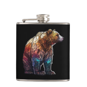 Grizzly Bear Animal Portrait Stained Glass Forest Hip Flask