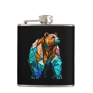 Grizzly Bear Animal Portrait Stained Glass Forest Hip Flask