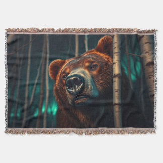 Grizzly Bear, Birches and Aurora Art Throw Blanket