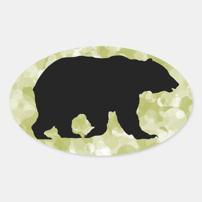 Grizzly Bear Black Silhouette Mottled Green Oval Sticker (Front)