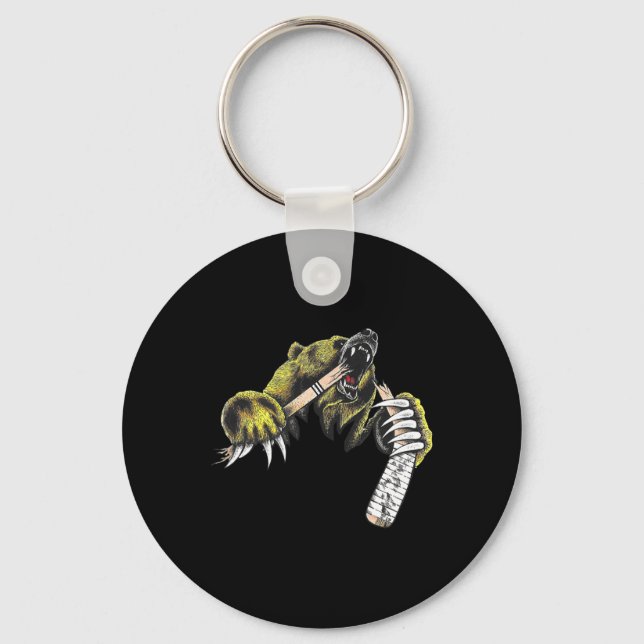 Grizzly Bear Bursting Though Biting Hockey Stick L Key Ring (Front)