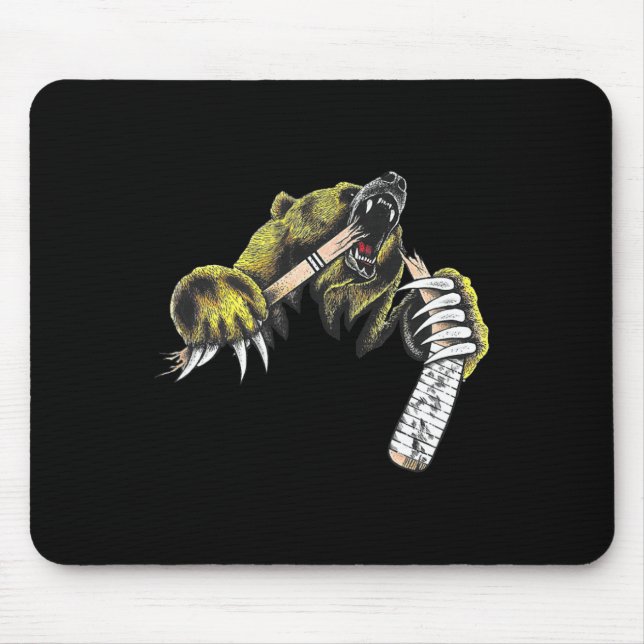 Grizzly Bear Bursting Though Biting Hockey Stick L Mouse Pad (Front)