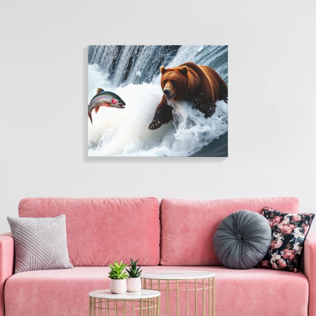 Grizzly Bear Catching Salmon Canvas Print (Insitu(LivingRoom))