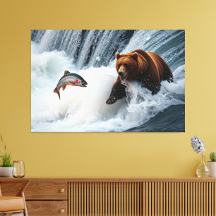 Grizzly Bear Catching Salmon Canvas Print