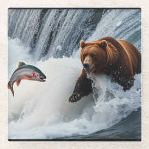 Grizzly Bear Catching Salmon Glass Coaster