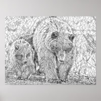 Grizzly Bear & Cub Grey scale abstract colouring