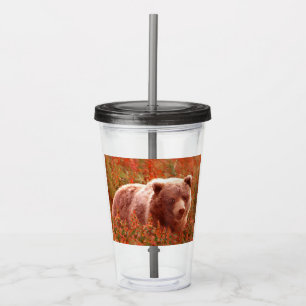 Grizzly Bear Cub in Fireweed Painting Wildlife Art Acrylic Tumbler