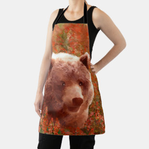 Grizzly Bear Cub in Fireweed Painting Wildlife Art Apron
