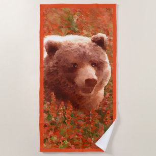 Grizzly Bear Cub in Fireweed Painting Wildlife Art Beach Towel