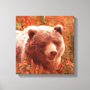 Grizzly Bear Cub in Fireweed Painting Wildlife Art Canvas Print
