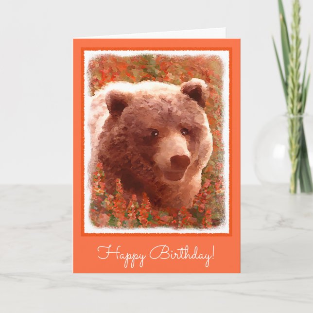 Grizzly Bear Cub in Fireweed Painting Wildlife Art Card (Front)