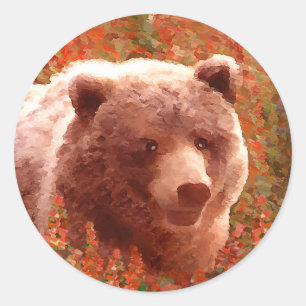 Grizzly Bear Cub in Fireweed Painting Wildlife Art Classic Round Sticker