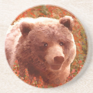 Grizzly Bear Cub in Fireweed Painting Wildlife Art Coaster