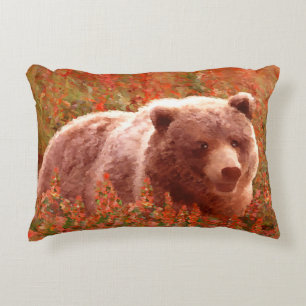 Grizzly Bear Cub in Fireweed Painting Wildlife Art Decorative Cushion