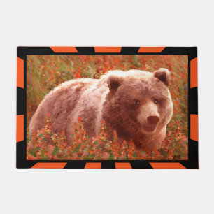 Grizzly Bear Cub in Fireweed Painting Wildlife Art Doormat