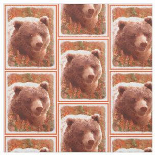 Grizzly Bear Cub in Fireweed Painting Wildlife Art Fabric