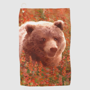 Grizzly Bear Cub in Fireweed Painting Wildlife Art Golf Towel