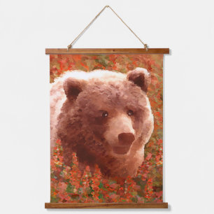 Grizzly Bear Cub in Fireweed Painting Wildlife Art Hanging Tapestry