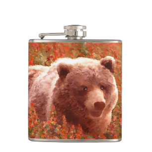 Grizzly Bear Cub in Fireweed Painting Wildlife Art Hip Flask