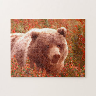 Grizzly Bear Cub in Fireweed Painting Wildlife Art Jigsaw Puzzle
