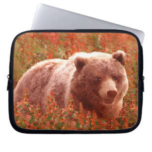 Grizzly Bear Cub in Fireweed Painting Wildlife Art Laptop Sleeve