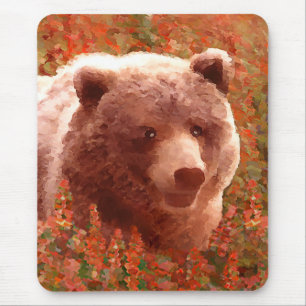 Grizzly Bear Cub in Fireweed Painting Wildlife Art Mouse Pad