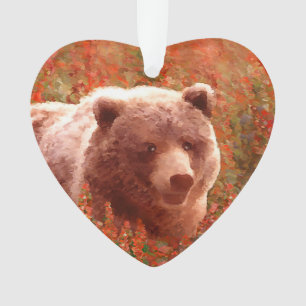 Grizzly Bear Cub in Fireweed Painting Wildlife Art Ornament