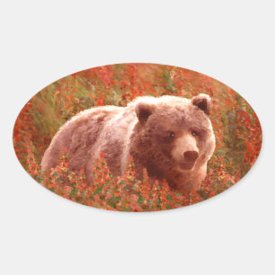 Grizzly Bear Cub in Fireweed Painting Wildlife Art Oval Sticker