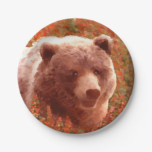 Grizzly Bear Cub in Fireweed Painting Wildlife Art Paper Plate