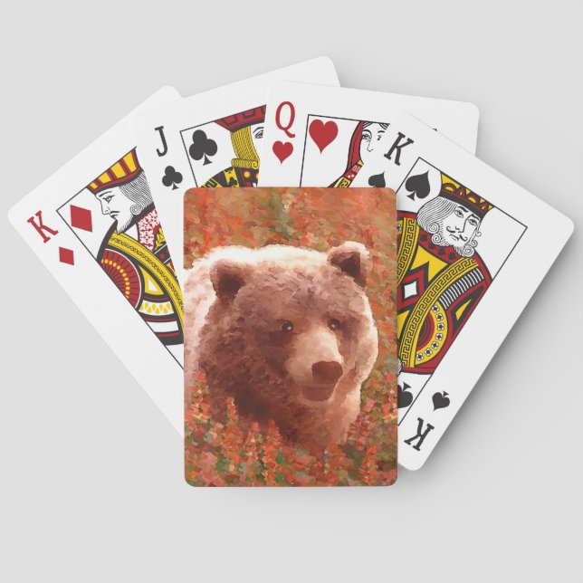 Grizzly Bear Cub in Fireweed Painting Wildlife Art Playing Cards (Back)