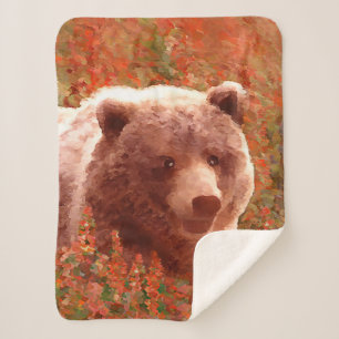 Grizzly Bear Cub in Fireweed Painting Wildlife Art Sherpa Blanket