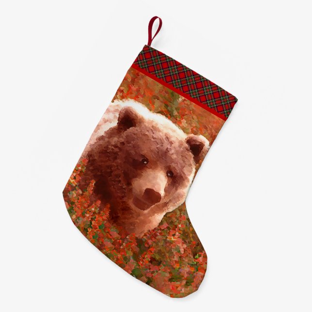 Grizzly Bear Cub in Fireweed Painting Wildlife Art Small Christmas Stocking (Front (Hanging))