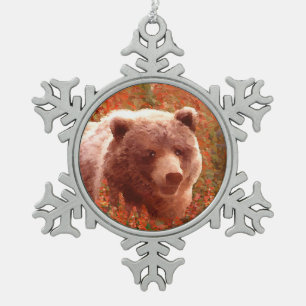 Grizzly Bear Cub in Fireweed Painting Wildlife Art Snowflake Pewter Christmas Ornament